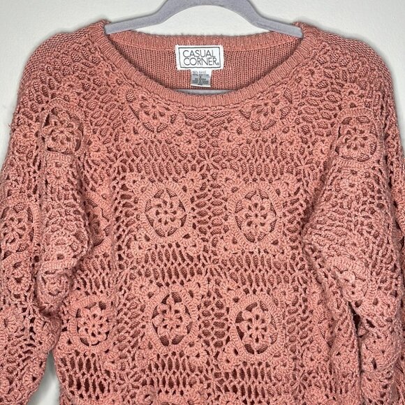 Vintage 90s Casual Corner Small Pink Dainty Crochet Knit Heavy Cozy Sweater - Picture 3 of 8